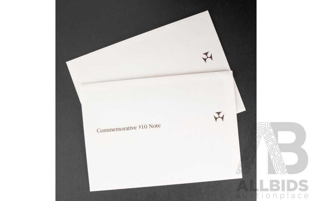 Two Australian 1988 Bicentennial Ten Dollar Notes, Collectors Issue Johnston/Fraser, Consecutive AA18053588 - Consecutive AA18053589