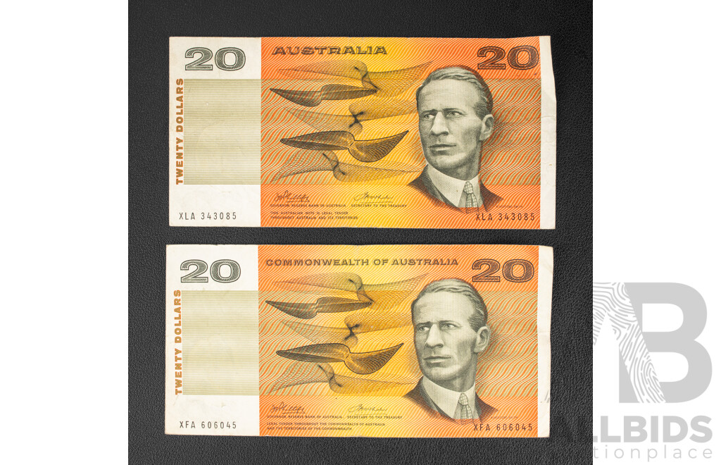 Two Australian 1972 Twenty Dollar Notes, Phillips/Wheeler, R404 XLA 343085 and XFA 606045