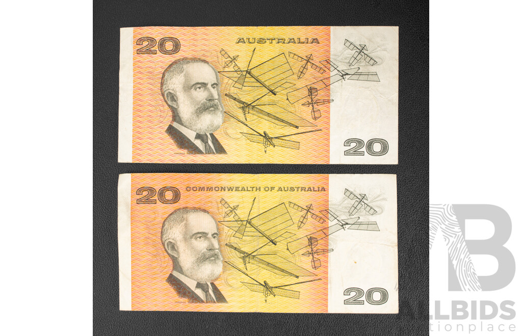 Two Australian 1972 Twenty Dollar Notes, Phillips/Wheeler, R404 XLA 343085 and XFA 606045