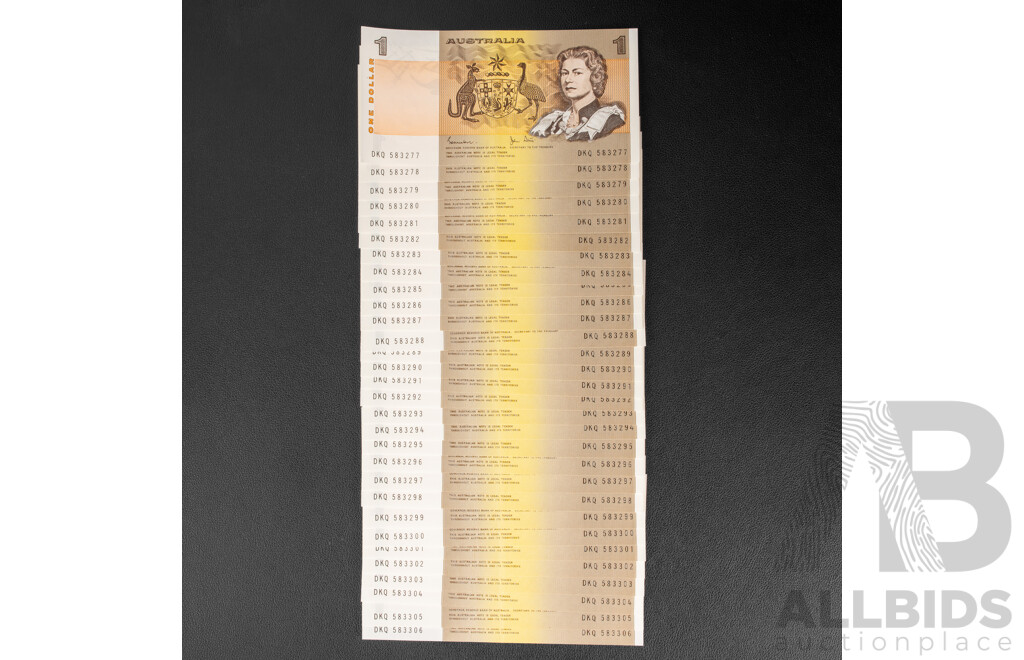 Thirty Australian 1982 One Dollar Notes, Johnston/Stone, R78, Consecutive DKQ 583277 - DKQ 583306
