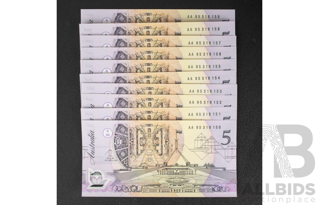 Ten Australian 1992 Five Dollar Notes, Cole/Fraser, R214, Consecutive AA 95318150 - AA 95318159