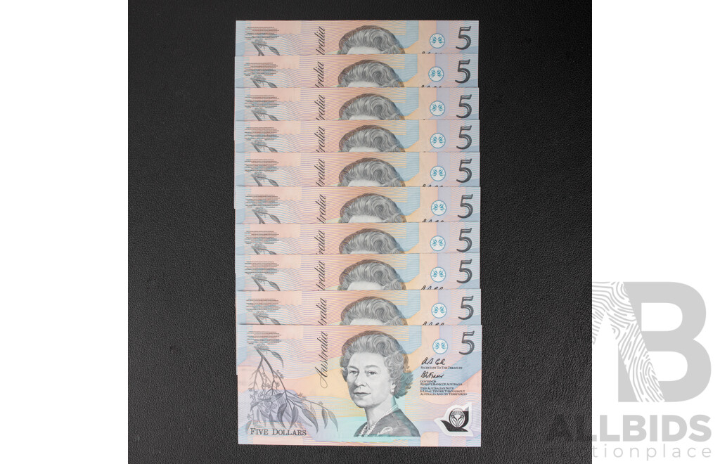 Ten Australian 1992 Five Dollar Notes, Cole/Fraser, R214, Consecutive AA 95318150 - AA 95318159