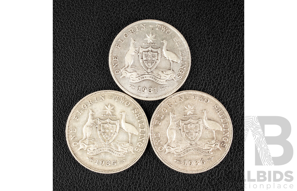 Three Australian KGV Silver Florins Including 1931, 1936, 1936 .925