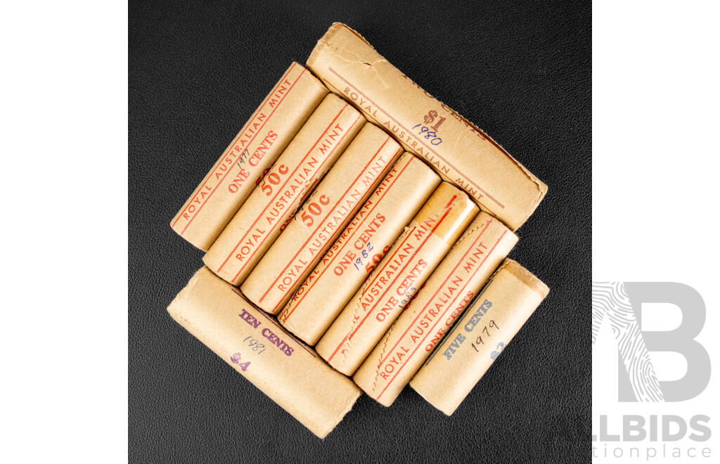 Nine Australian RAM UNC Coin Rolls Including 1977, 1982(3) 1983(2) One Cent, 1980 Two Cents, 1979 Five Cents, 1981 Ten Cents