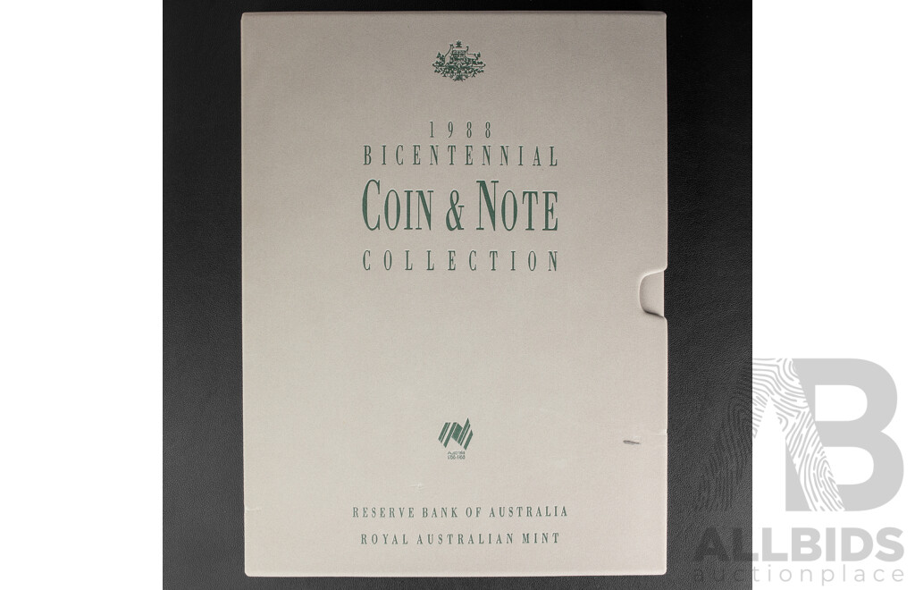 Australian RAM/RBA 1988 Bicentennial Coin and Note Collection Folder, Includes Silver Ten Dollar Coin and Commemorative Ten Dollar Note and Last Prefix Two Dollar Note LQG 740158