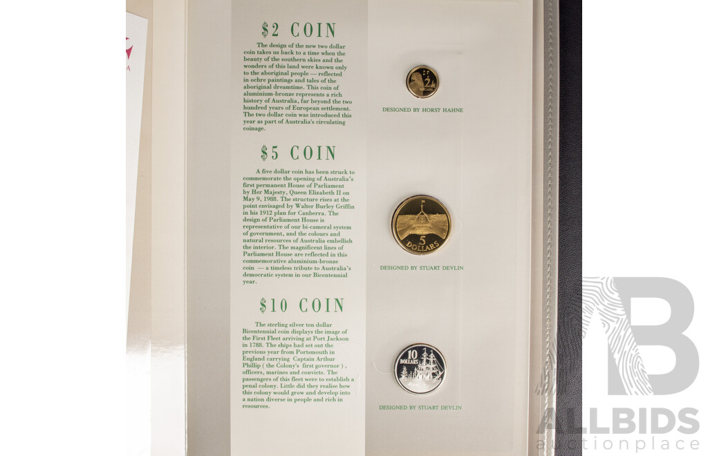 Australian RAM/RBA 1988 Bicentennial Coin and Note Collection Folder, Includes Silver Ten Dollar Coin and Commemorative Ten Dollar Note and Last Prefix Two Dollar Note LQG 740158