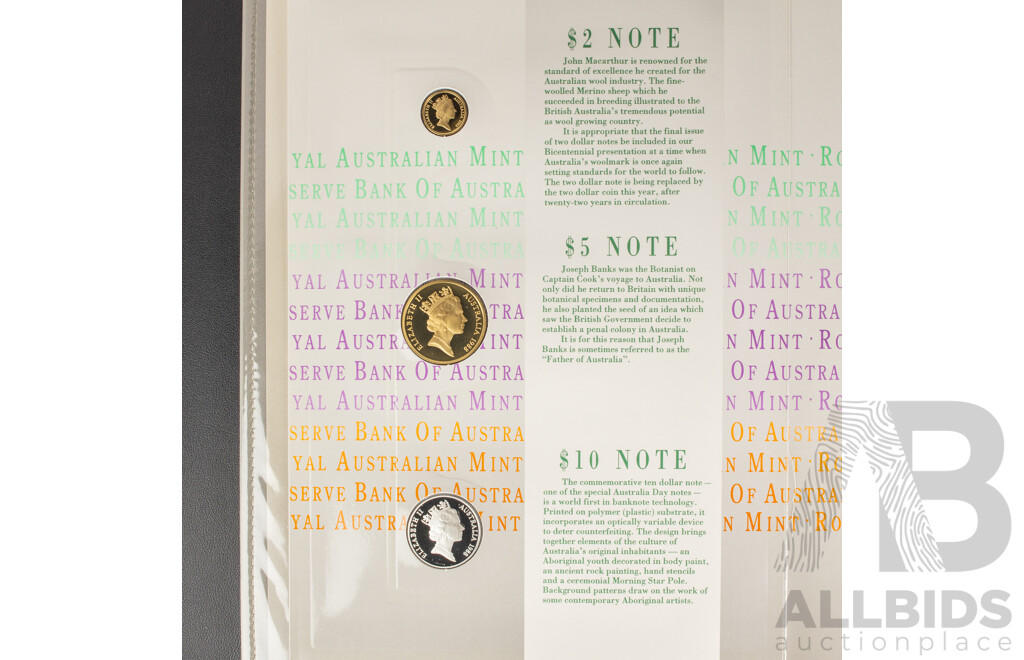 Australian RAM/RBA 1988 Bicentennial Coin and Note Collection Folder, Includes Silver Ten Dollar Coin and Commemorative Ten Dollar Note and Last Prefix Two Dollar Note LQG 740158