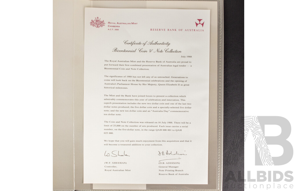 Australian RAM/RBA 1988 Bicentennial Coin and Note Collection Folder, Includes Silver Ten Dollar Coin and Commemorative Ten Dollar Note and Last Prefix Two Dollar Note LQG 740158