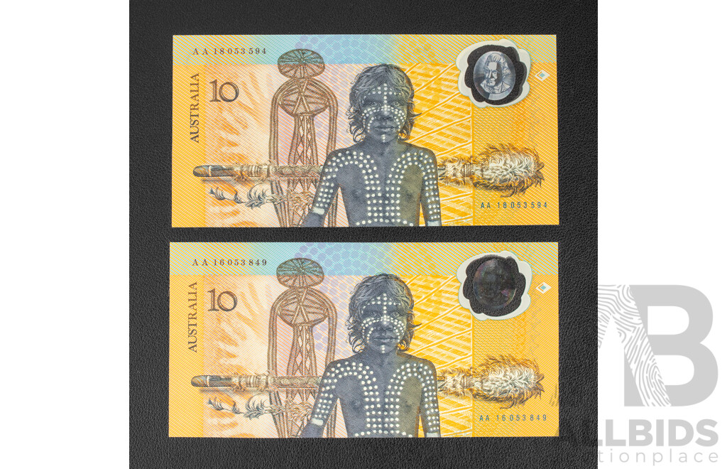 Two Australian 1988 Bicentennial Ten Dollar Notes, Collectors Issue Johnston/Fraser, AA 18053594 and AA 16053849