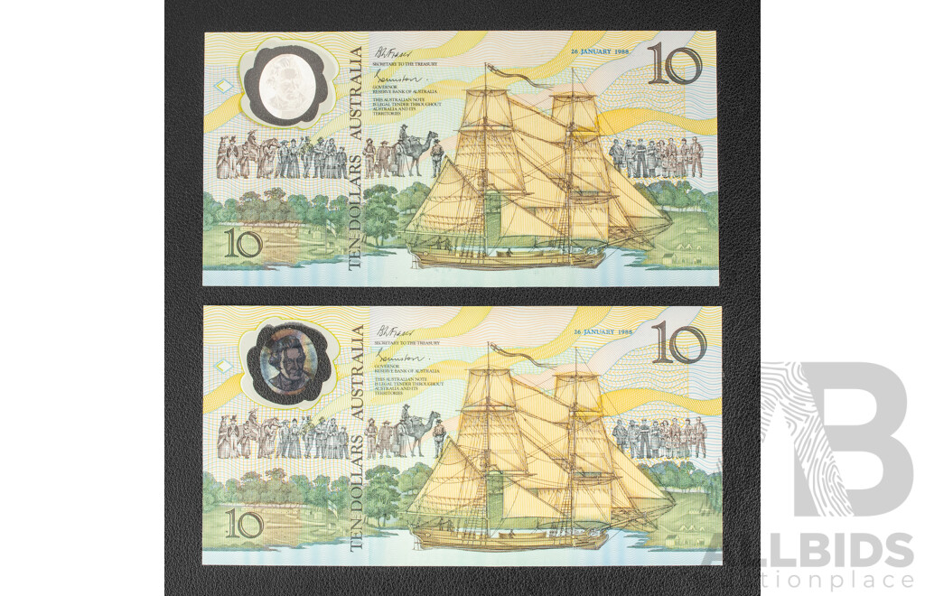 Two Australian 1988 Bicentennial Ten Dollar Notes, Collectors Issue Johnston/Fraser, AA 18053594 and AA 16053849