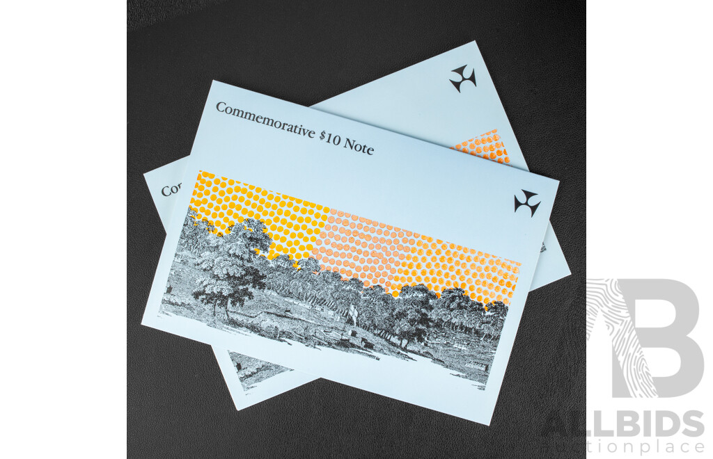 Two Australian 1988 Bicentennial Ten Dollar Notes, Collectors Issue Johnston/Fraser, AA 18053594 and AA 16053849