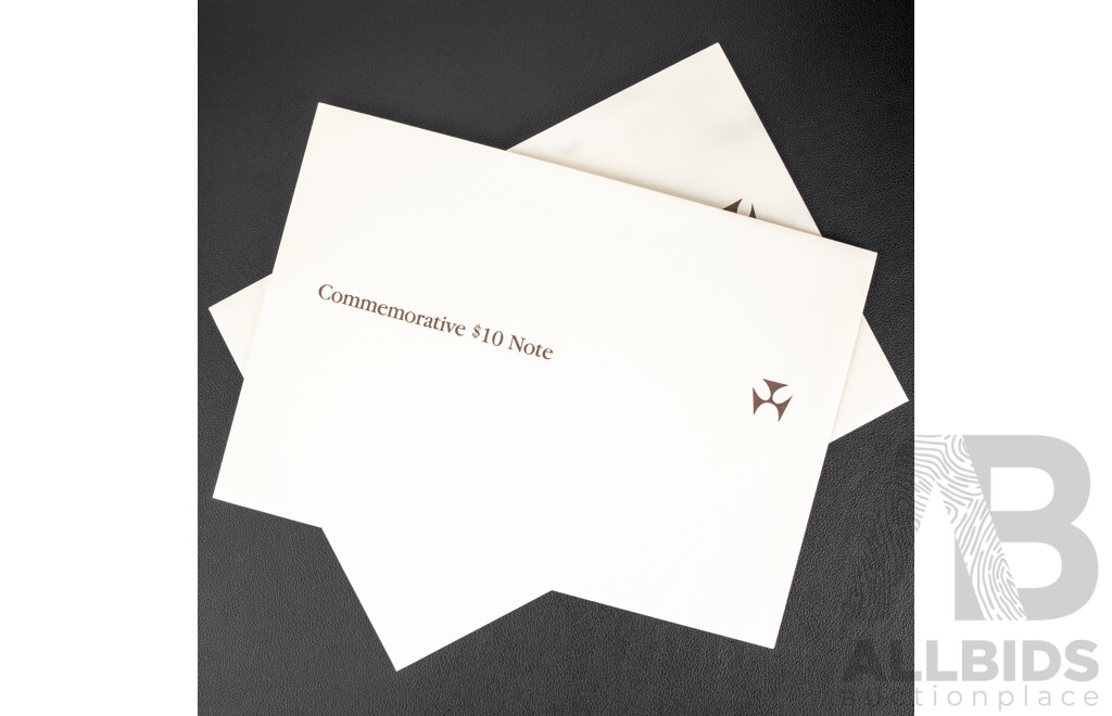 Two Australian 1988 Bicentennial Ten Dollar Notes, Collectors Issue Johnston/Fraser, AA 18053594 and AA 16053849