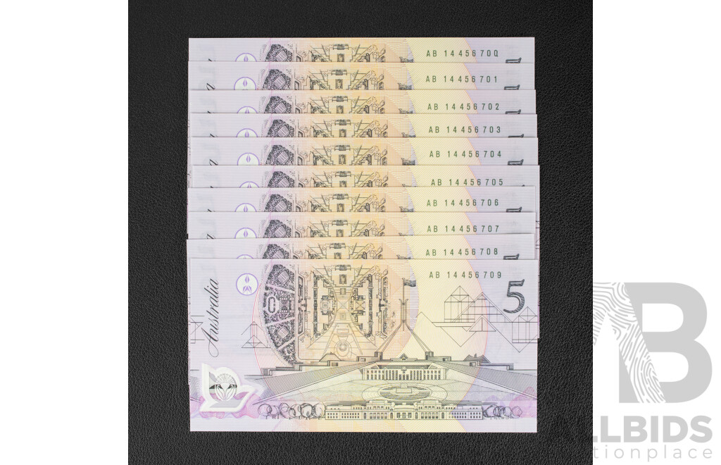 Ten Australian 1992 Five Dollar Notes, Fraser/Cole, Consecutive AB 14456700 - AB 14456709