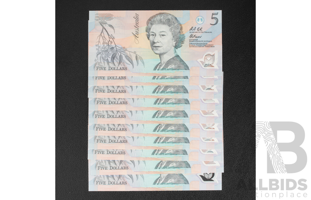 Ten Australian 1992 Five Dollar Notes, Fraser/Cole, Consecutive AB 14456700 - AB 14456709