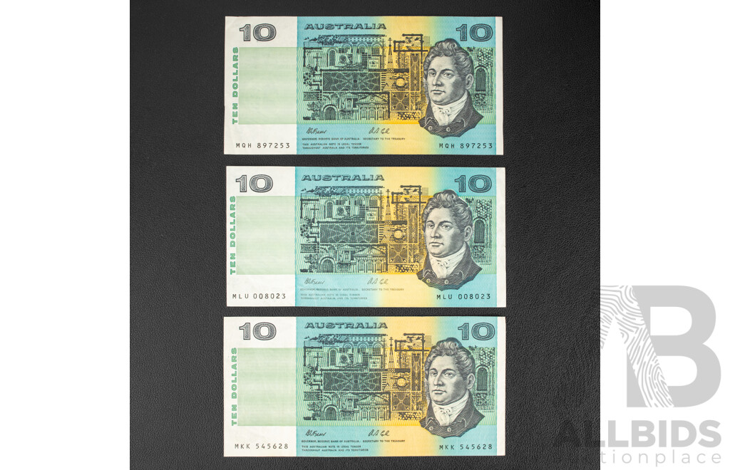 Three Australian 1991 Ten Dollar Notes, Fraser/Cole, All with Plate Letter, R313a