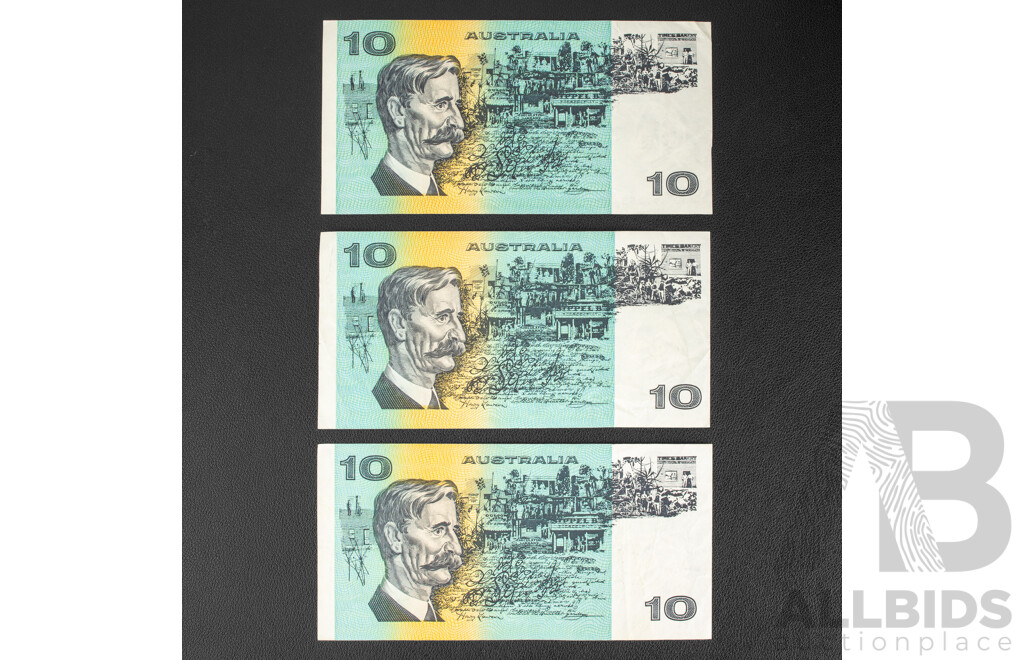 Three Australian 1991 Ten Dollar Notes, Fraser/Cole, All with Plate Letter, R313a