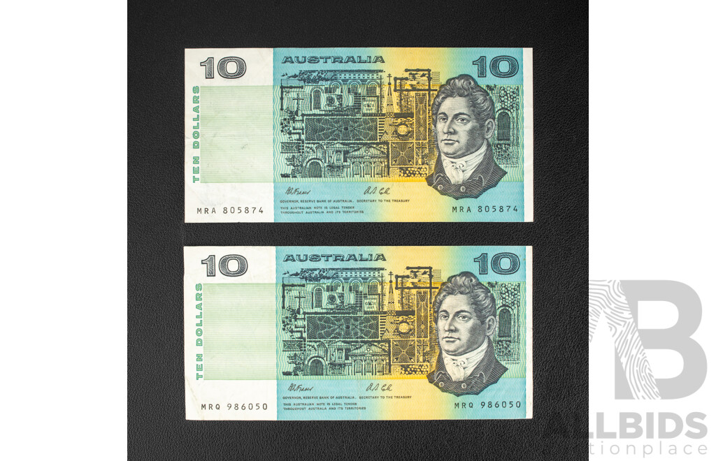Two Australian 1991 Ten Dollar Notes, Fraser/Cole, Both Without Plate Letter, R313b