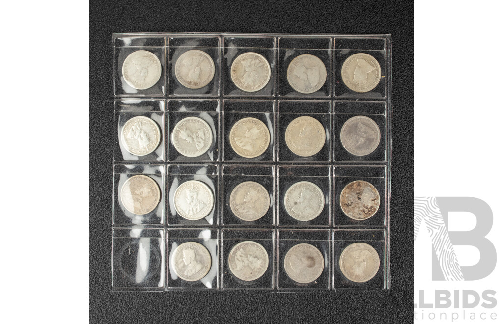 Nineteen Australian KEVII/KGV Silver Sixpence Including 1910, 1911, 1912, 1914, 1916, 1917, 1919, 1920M Consecutive to 1928, 1934, 1935, 1936  .925