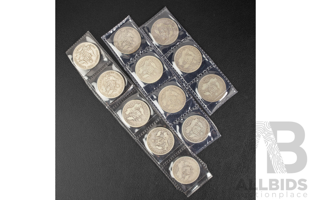 Twelve Australian KEVII/KGV Silver Florins Including 1910, 1911, 1912, 1913, 1914, 1915, 1916M, 1917M, 1918M, 1919M, 1921, 1922  .925