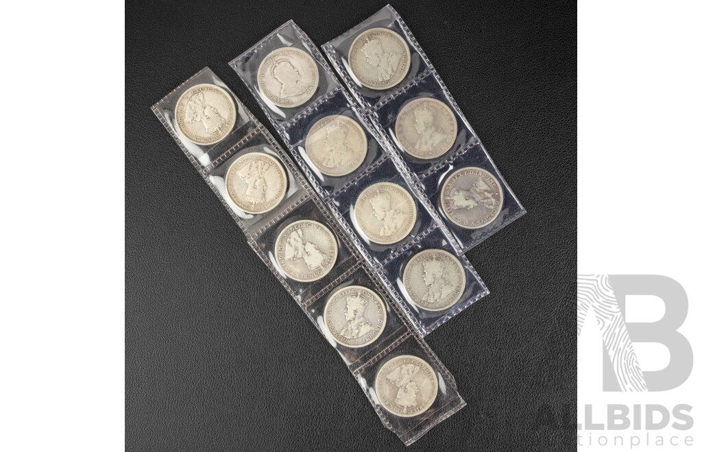 Twelve Australian KEVII/KGV Silver Florins Including 1910, 1911, 1912, 1913, 1914, 1915, 1916M, 1917M, 1918M, 1919M, 1921, 1922  .925
