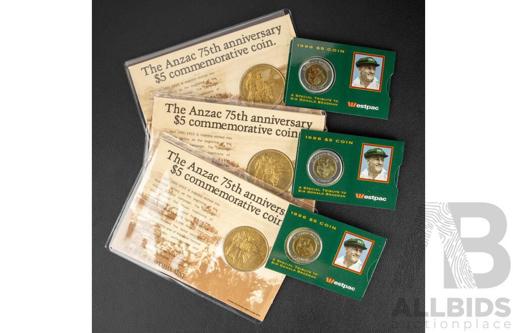 Six Australian Commemorative Five Dollar Coins Including Three 1990 ANZAC 75th Anniversary and Three 1996 Donald Bradman Tribute
