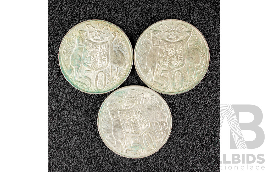 Three Australian 1966 Round Silver Fifty Cent Coins .800