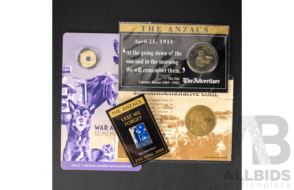 Australian RAM Commemorative Coins Including, 2025 Two Dollar Coin, 2024 War Animals Remembrance C Mint Mark, 1990 Five Dollar Coin, ANZAC 75th Anniversary and ANZAC Medallion and Pin