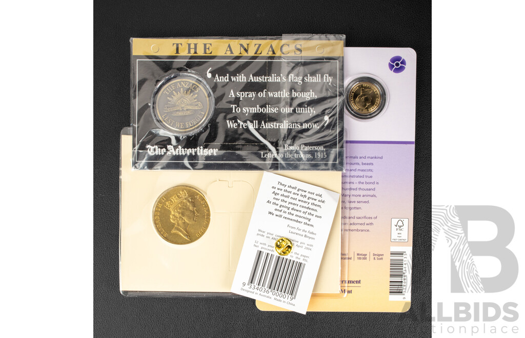 Australian RAM Commemorative Coins Including, 2025 Two Dollar Coin, 2024 War Animals Remembrance C Mint Mark, 1990 Five Dollar Coin, ANZAC 75th Anniversary and ANZAC Medallion and Pin