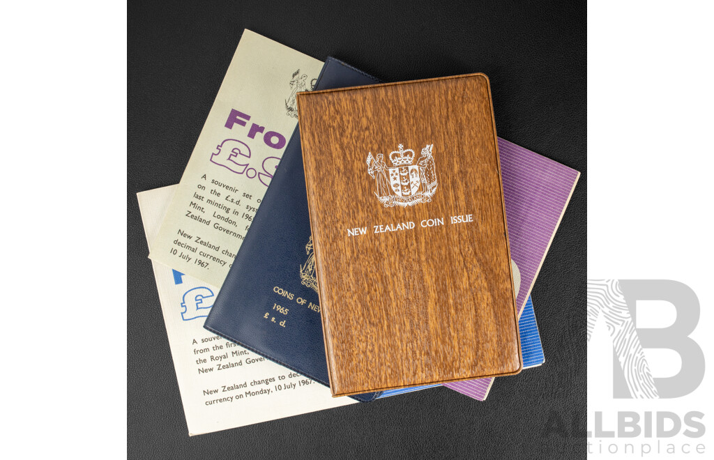 Four New Zealand Coin Sets Including 1965 and 1967 Pounds/Cents Sets and 1976 UNC Set