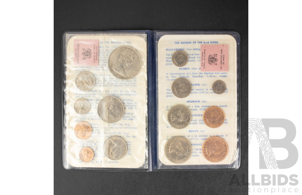 Four New Zealand Coin Sets Including 1965 and 1967 Pounds/Cents Sets and 1976 UNC Set