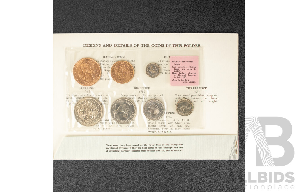 Four New Zealand Coin Sets Including 1965 and 1967 Pounds/Cents Sets and 1976 UNC Set