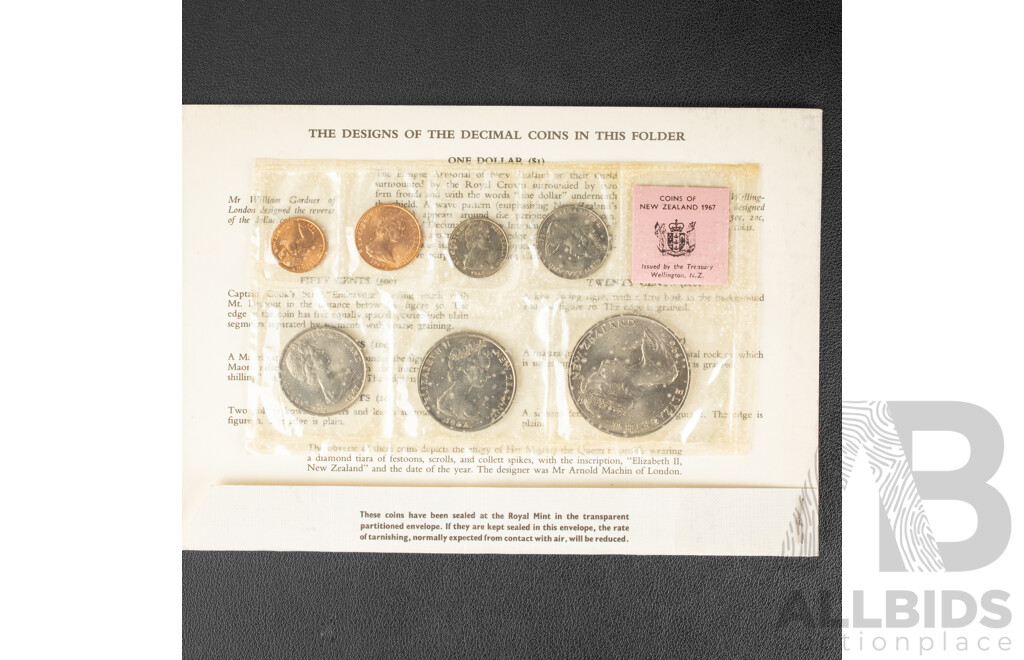 Four New Zealand Coin Sets Including 1965 and 1967 Pounds/Cents Sets and 1976 UNC Set