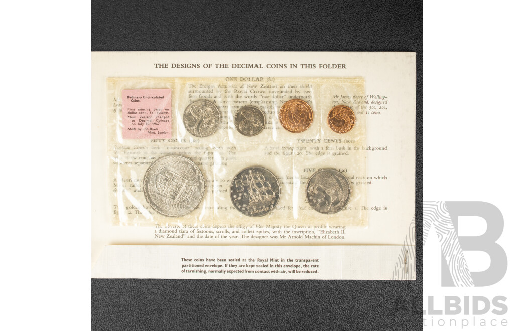 Four New Zealand Coin Sets Including 1965 and 1967 Pounds/Cents Sets and 1976 UNC Set