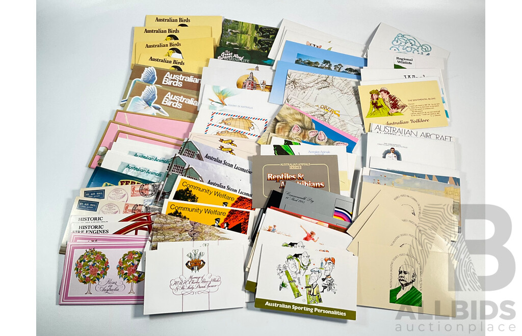Collection of Australian 1980's Stamp Packs Including Australian Painting Series, Four Five Dollars, Four Two Dollars, Antarctic Territory, Australian Folklore, Australian Birds and More, Mostly Multiples