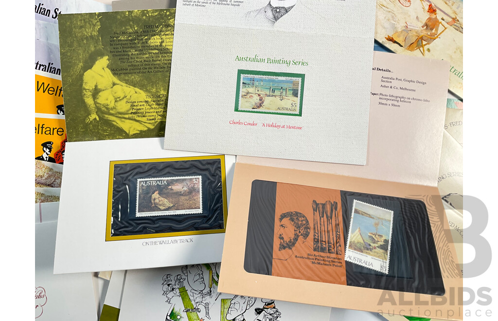 Collection of Australian 1980's Stamp Packs Including Australian Painting Series, Four Five Dollars, Four Two Dollars, Antarctic Territory, Australian Folklore, Australian Birds and More, Mostly Multiples