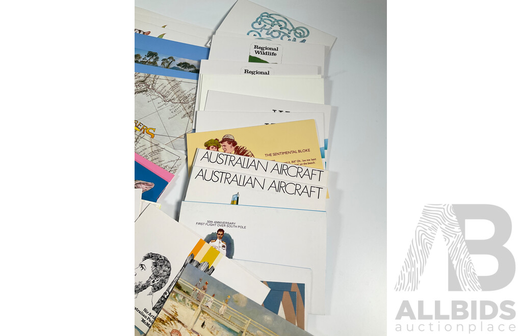 Collection of Australian 1980's Stamp Packs Including Australian Painting Series, Four Five Dollars, Four Two Dollars, Antarctic Territory, Australian Folklore, Australian Birds and More, Mostly Multiples