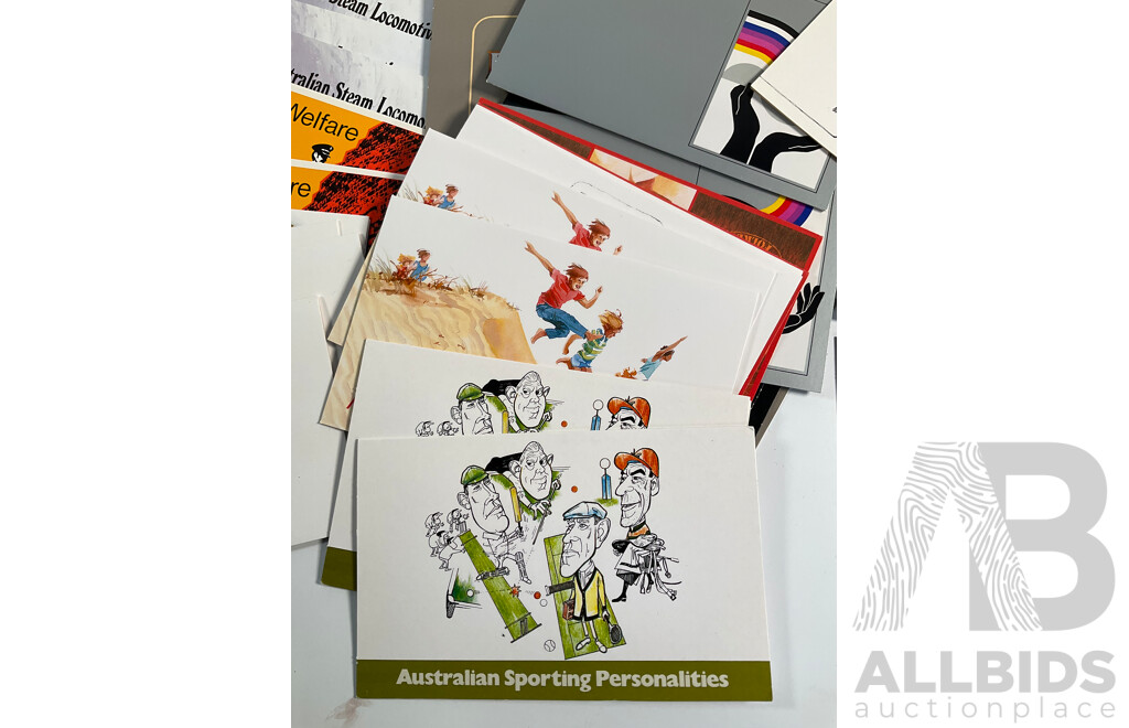 Collection of Australian 1980's Stamp Packs Including Australian Painting Series, Four Five Dollars, Four Two Dollars, Antarctic Territory, Australian Folklore, Australian Birds and More, Mostly Multiples