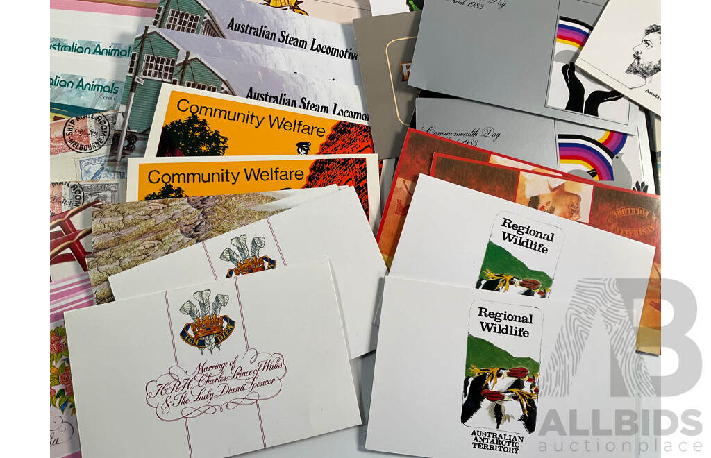 Collection of Australian 1980's Stamp Packs Including Australian Painting Series, Four Five Dollars, Four Two Dollars, Antarctic Territory, Australian Folklore, Australian Birds and More, Mostly Multiples