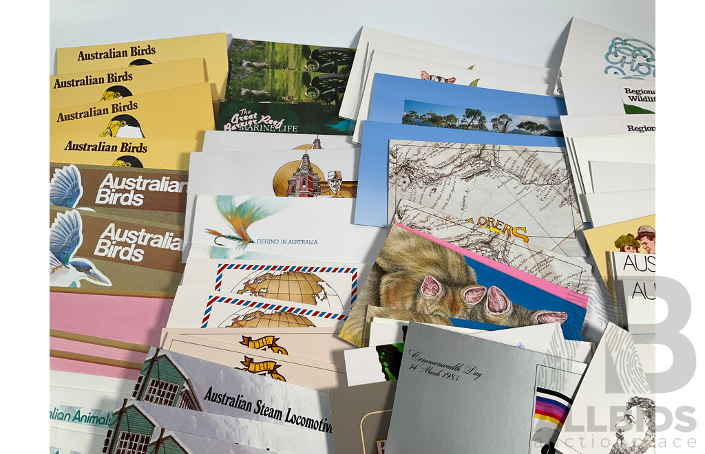 Collection of Australian 1980's Stamp Packs Including Australian Painting Series, Four Five Dollars, Four Two Dollars, Antarctic Territory, Australian Folklore, Australian Birds and More, Mostly Multiples