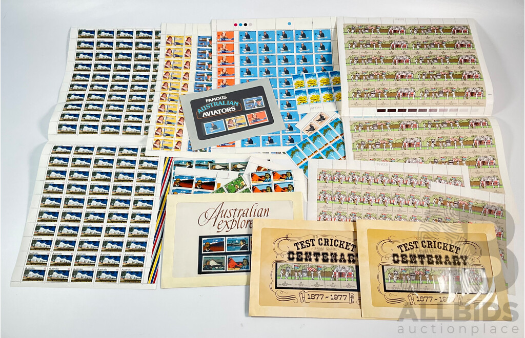 Collection of Australian 1970's Mint Stamp Sheets and Blocks Including Sets, Famous Aviators, Test Cricket Centenary, Australian Explorers