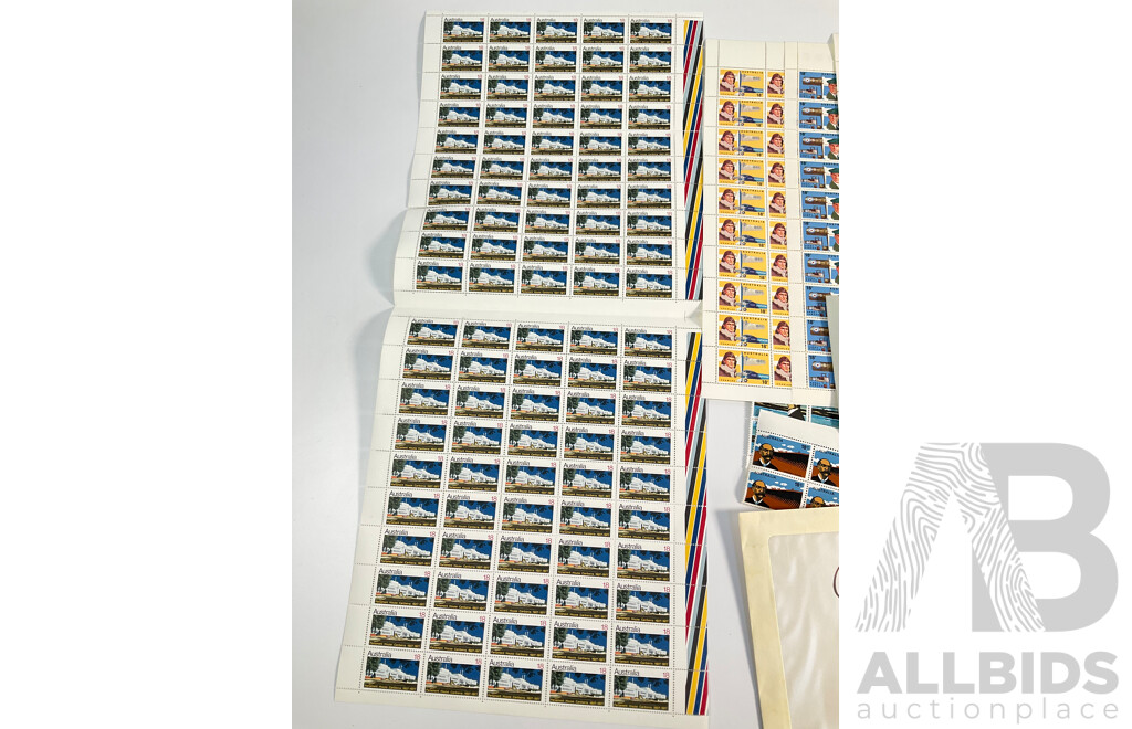 Collection of Australian 1970's Mint Stamp Sheets and Blocks Including Sets, Famous Aviators, Test Cricket Centenary, Australian Explorers