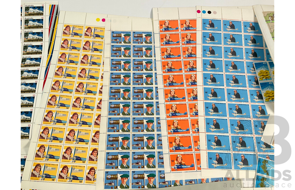 Collection of Australian 1970's Mint Stamp Sheets and Blocks Including Sets, Famous Aviators, Test Cricket Centenary, Australian Explorers
