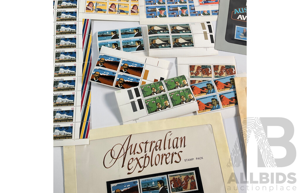 Collection of Australian 1970's Mint Stamp Sheets and Blocks Including Sets, Famous Aviators, Test Cricket Centenary, Australian Explorers