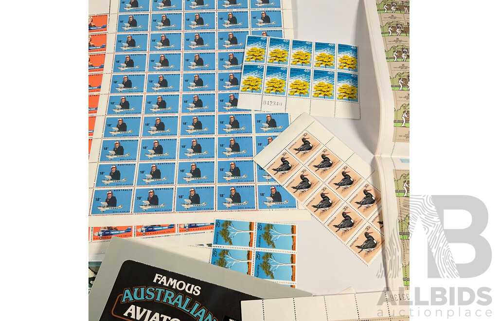 Collection of Australian 1970's Mint Stamp Sheets and Blocks Including Sets, Famous Aviators, Test Cricket Centenary, Australian Explorers
