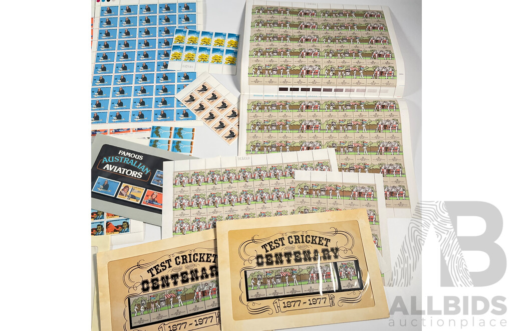 Collection of Australian 1970's Mint Stamp Sheets and Blocks Including Sets, Famous Aviators, Test Cricket Centenary, Australian Explorers
