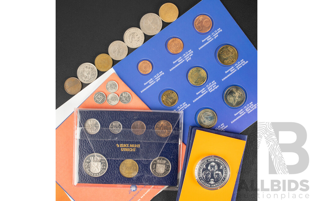 Netherlands 1985 Silver Plated Coin, Forty Years of Liberation, 1980 UNC Year Set, 2001-2002 Dutch Euro Starter Set, Netherlands and German Coins