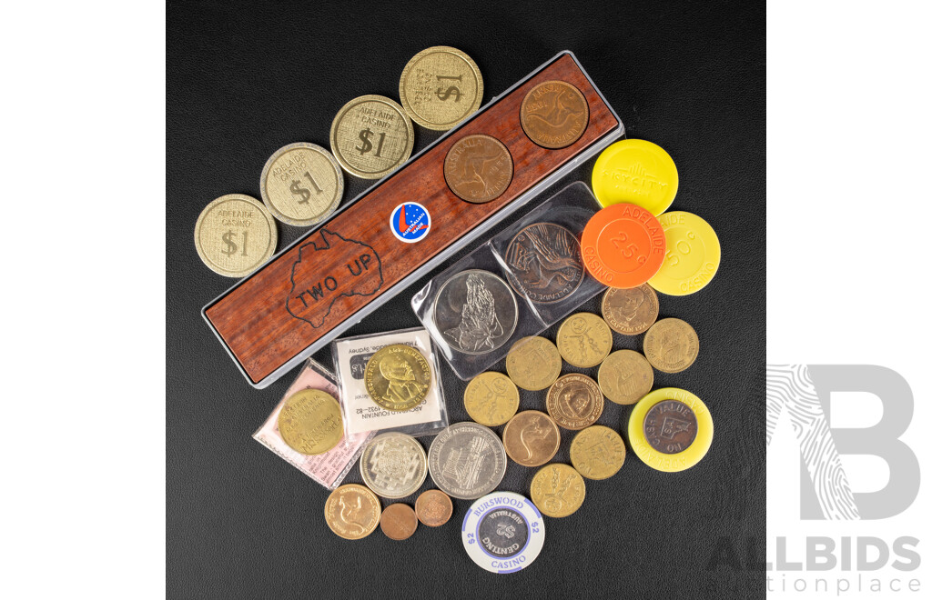 Australian Two Up Paddle with 1955 and 1953 Pennies, M.R Roberts, 1982 Archibald Memorial, 1979 Western Australia Sesquicentennial Coin, Adelaide Coin Club Coin, ACT Government Coin............