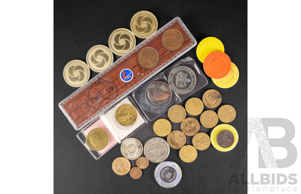 Australian Two Up Paddle with 1955 and 1953 Pennies, M.R Roberts, 1982 Archibald Memorial, 1979 Western Australia Sesquicentennial Coin, Adelaide Coin Club Coin, ACT Government Coin............
