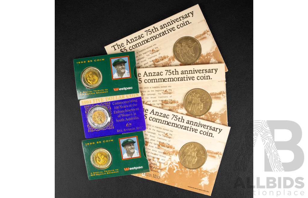 Six Australian Commemorative Five Dollar Coins Including Three 1990 ANZAC 75th Anniversary, Two 1996 Donald Bradman Tribute, 1994 One Hundred Years Enfranchisement of Women in South Australia