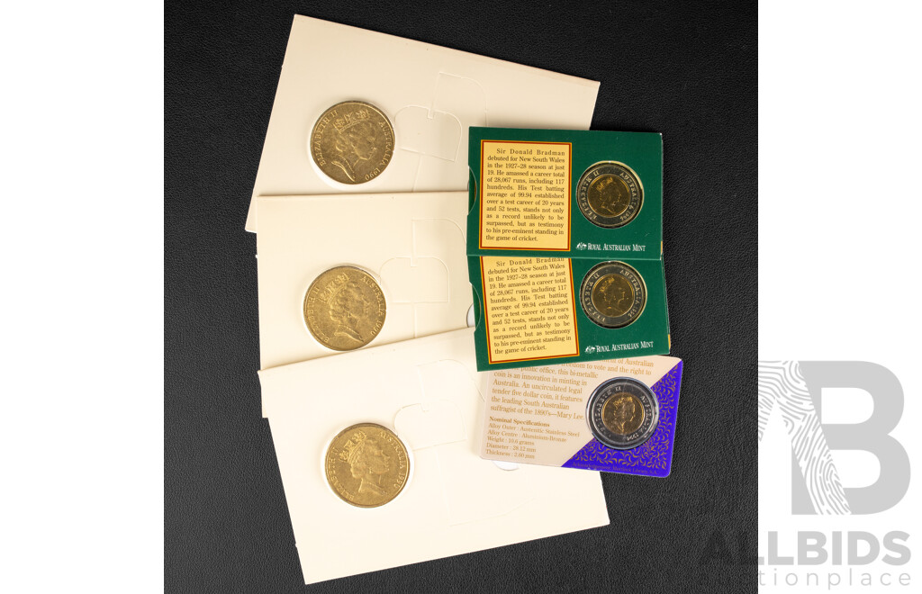 Six Australian Commemorative Five Dollar Coins Including Three 1990 ANZAC 75th Anniversary, Two 1996 Donald Bradman Tribute, 1994 One Hundred Years Enfranchisement of Women in South Australia